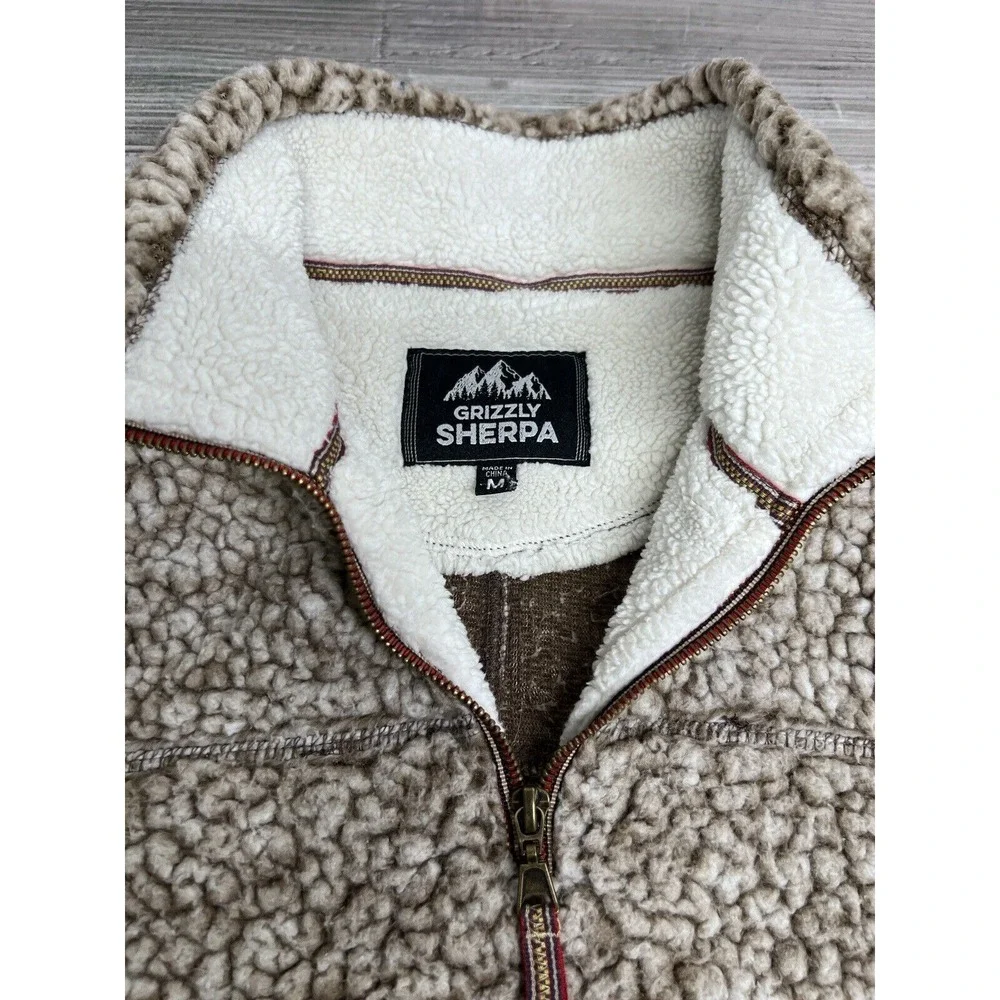 Grizzly Sherpa Mens 1/4 Zip Pullover Sweater Jacket Sz M Beige White Long Sleeve
